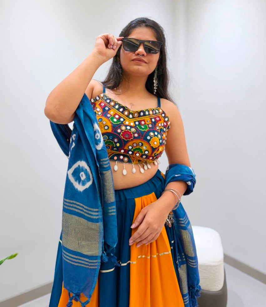 Multi Pure Reyon Cotton Multi Thread Real Mirror Work Navratri Lehenga Choli