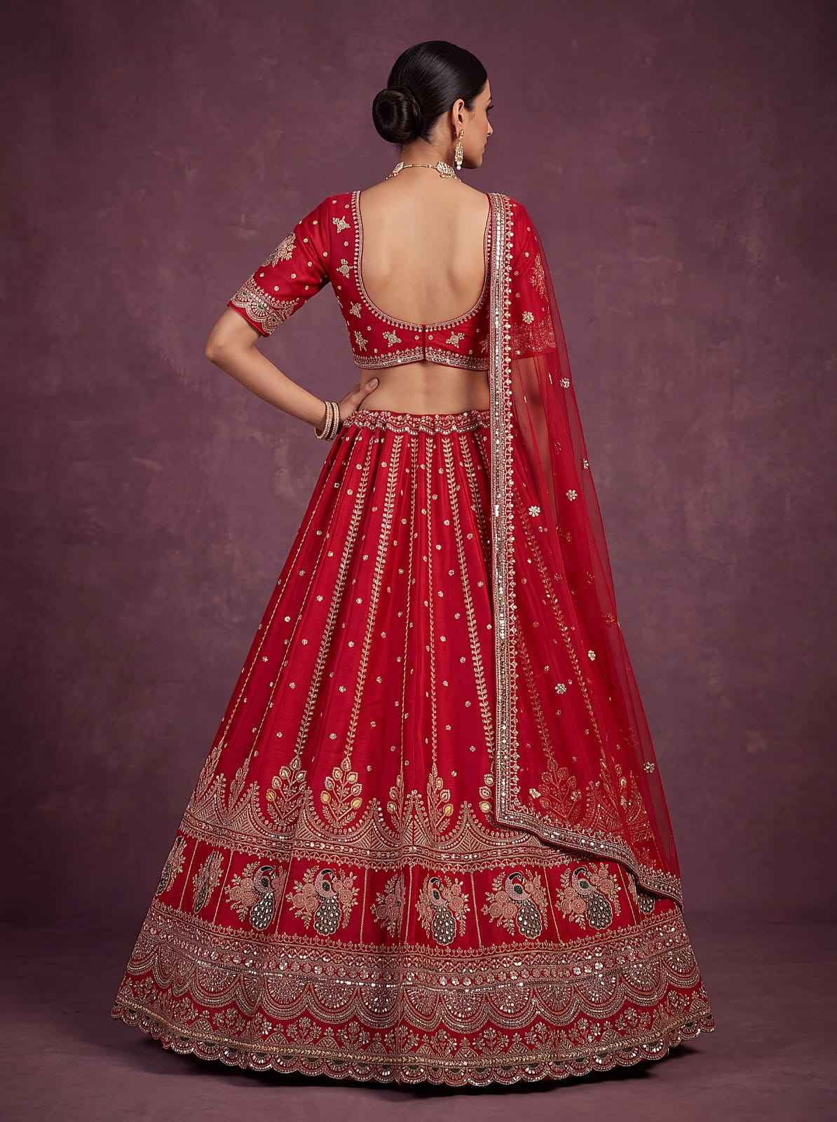 Red Pure Soft Pink Moti Handwork Peacock Multi Cotton thread Sequins Work Bridal Lehenga Choli