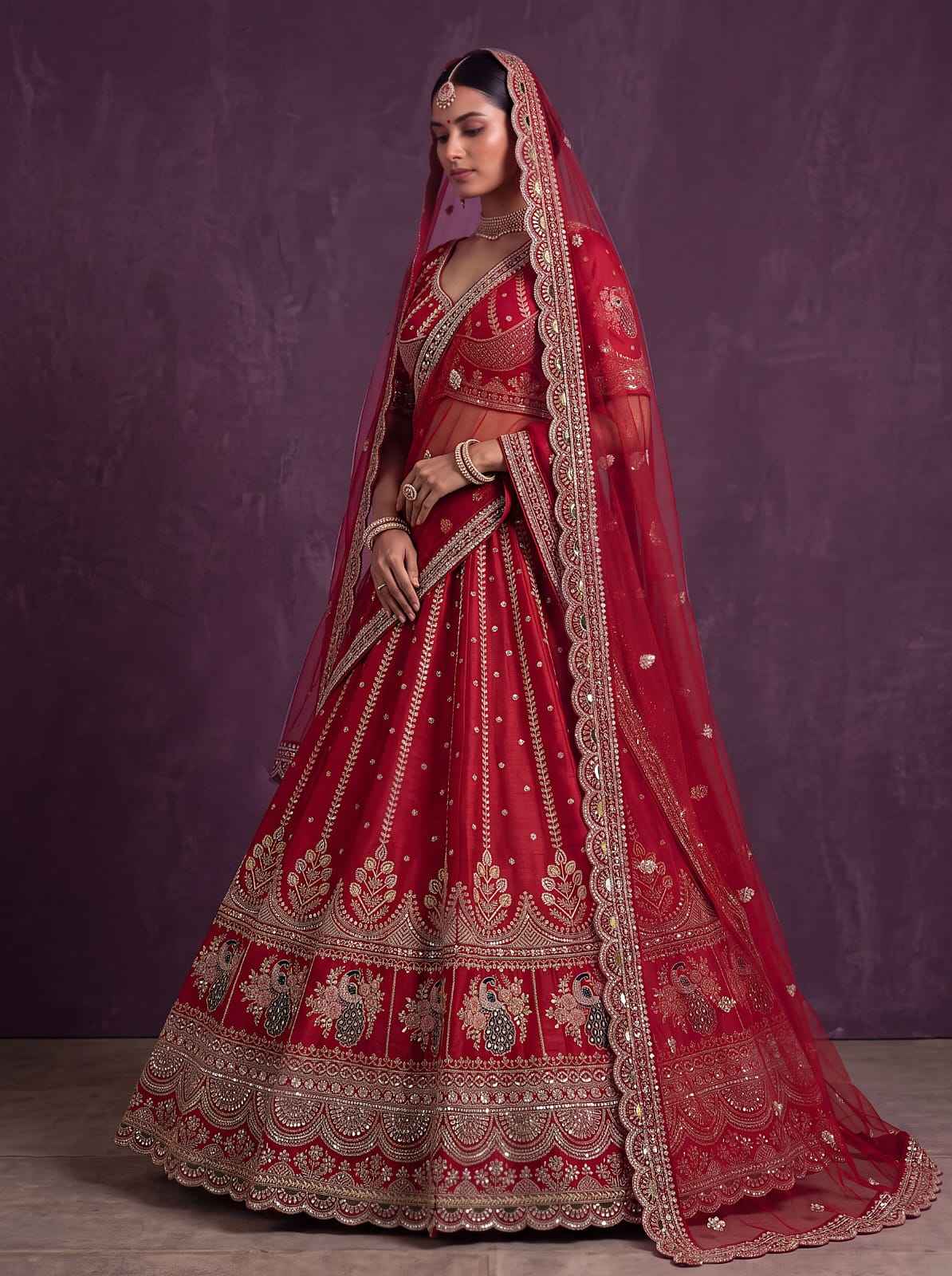 Red Pure Soft Pink Moti Handwork Peacock Multi Cotton thread Sequins Work Bridal Lehenga Choli