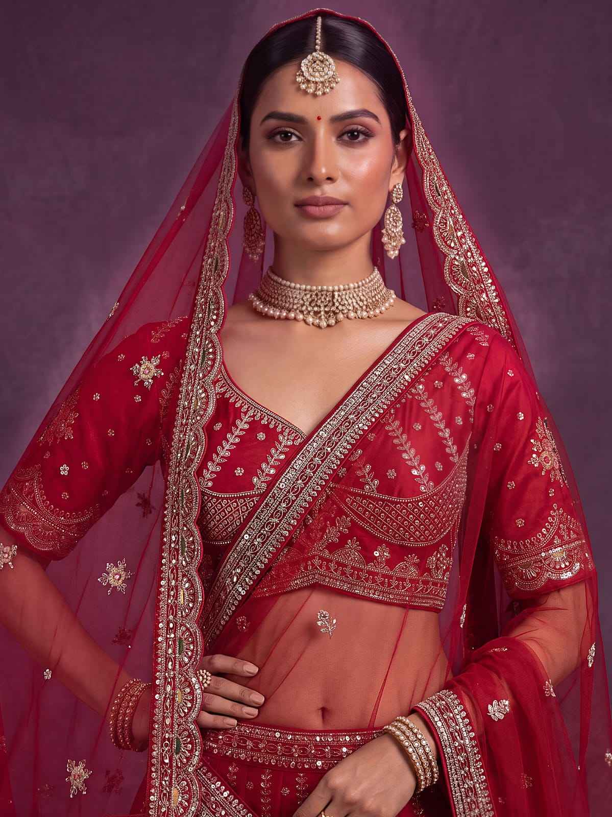 Red Pure Soft Pink Moti Handwork Peacock Multi Cotton thread Sequins Work Bridal Lehenga Choli