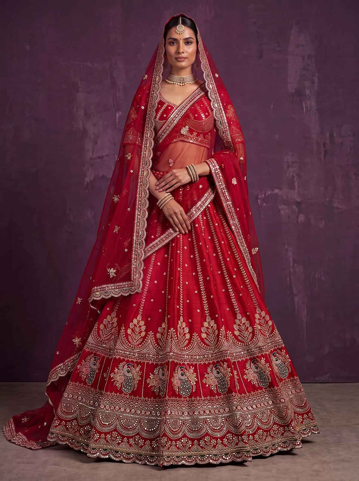 Red Pure Soft Pink Moti Handwork Peacock Multi Cotton thread Sequins Work Bridal Lehenga Choli