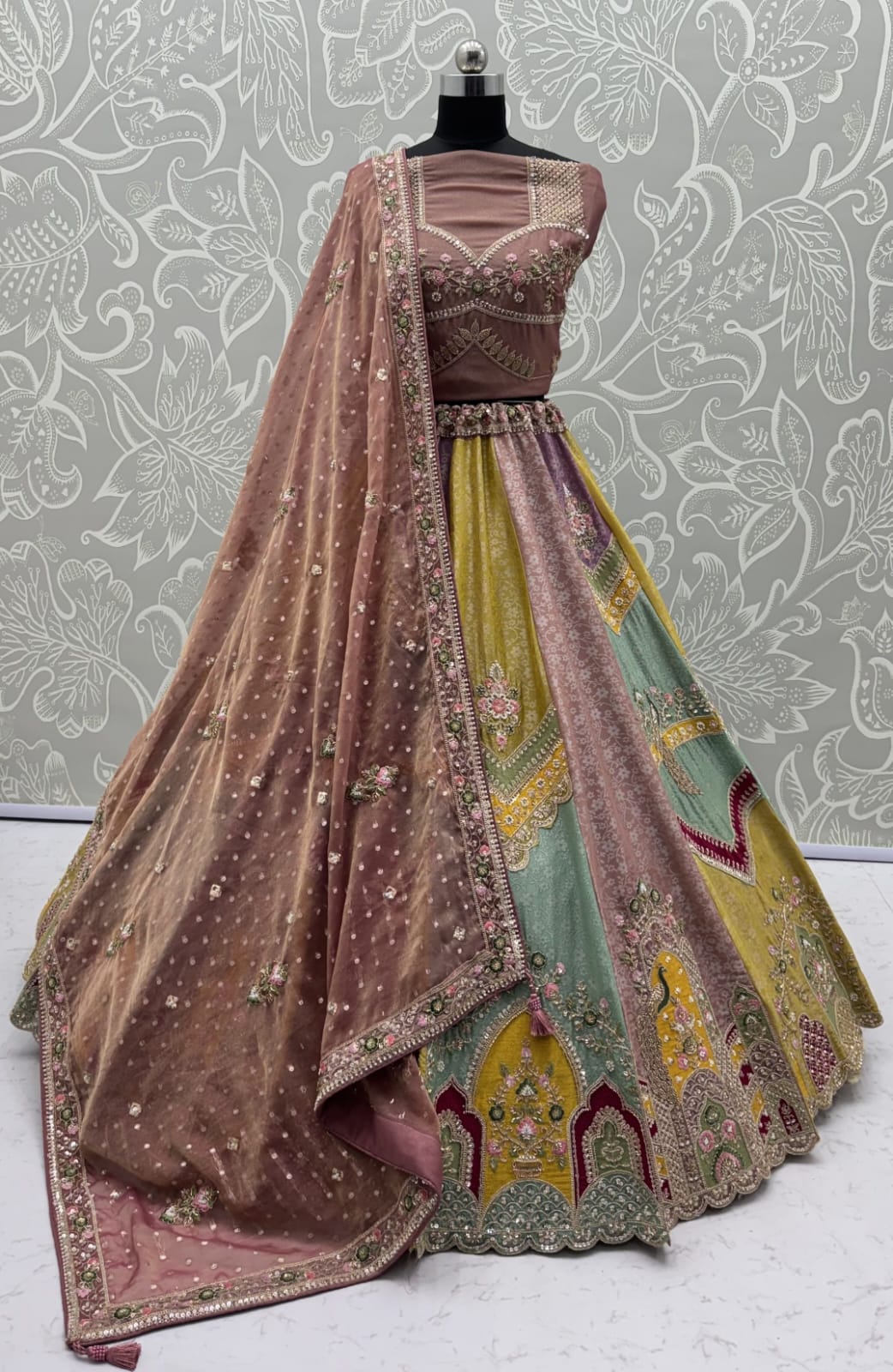 Multi Pure Banarasi Silk Handwork Moti Dori & Multi Thread Sequins Work Bridal Lehenga Choli