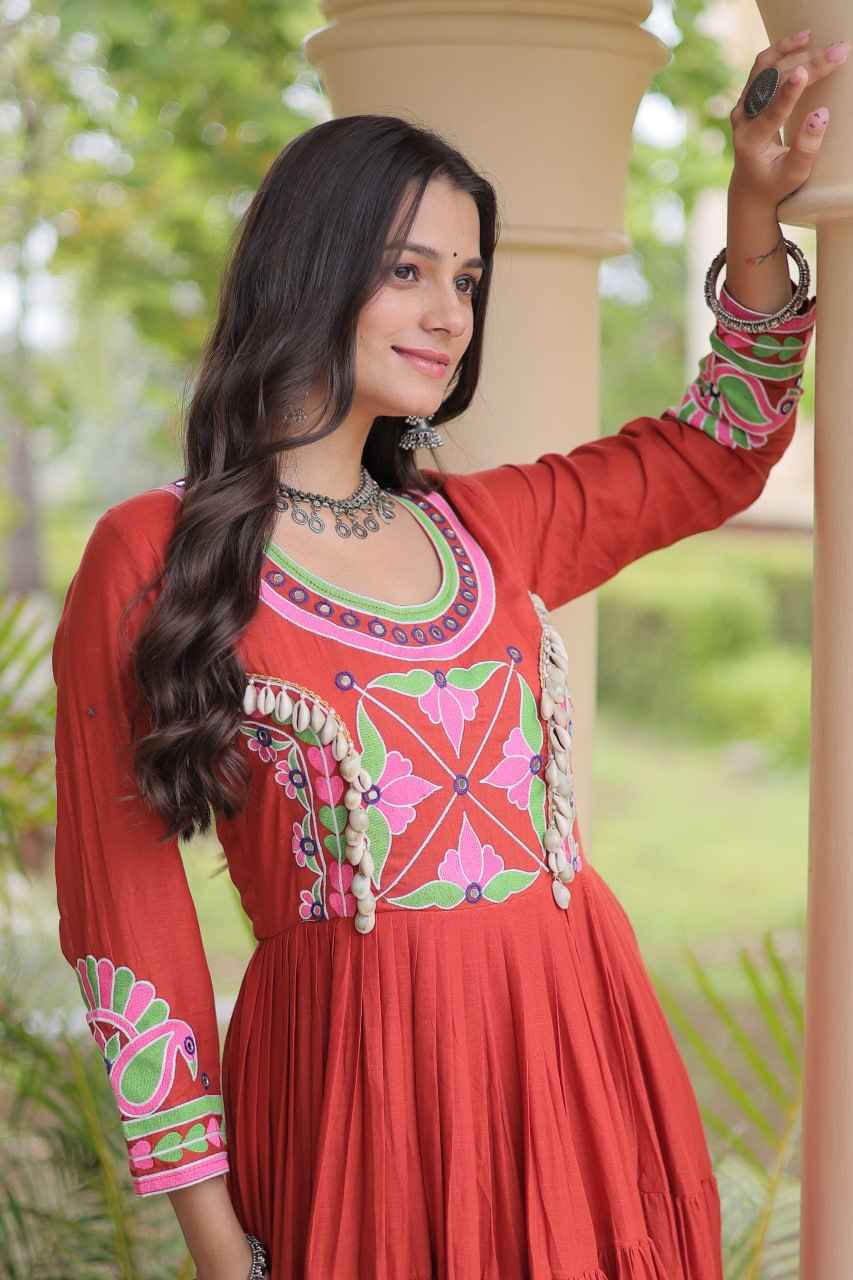 Rust Pure Kora Cotton Multi Thread Gotta Patti Mirror Work Navratri Lehenga Choli