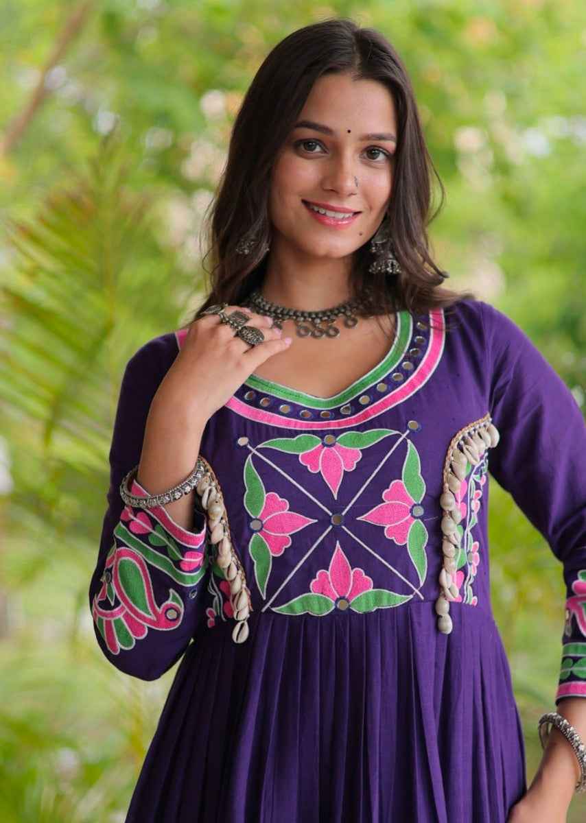 Purple Pure Kora Cotton Multi Thread Gotta Patti Mirror Work Navratri Lehenga Choli
