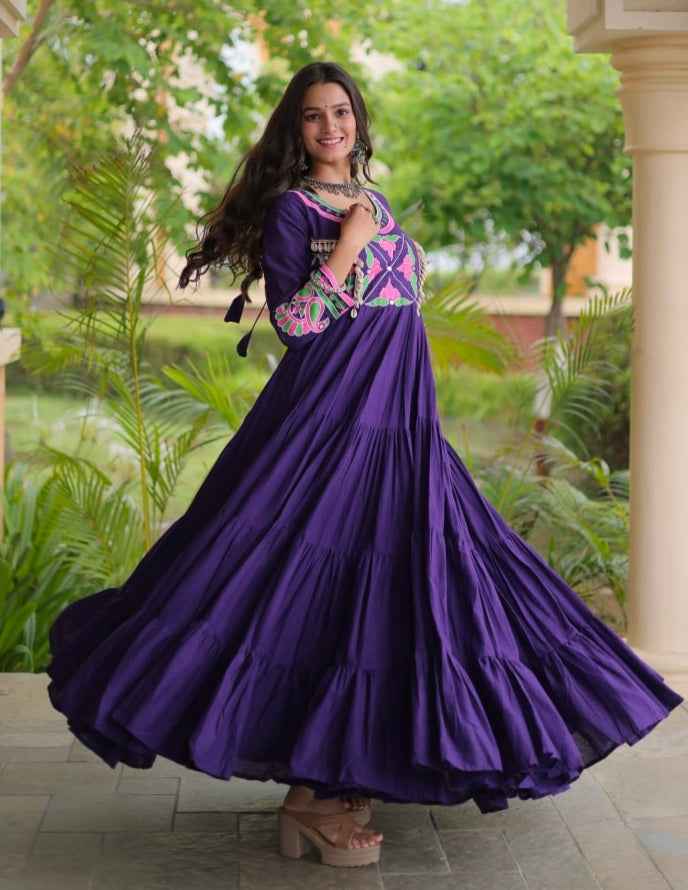 Purple Pure Kora Cotton Multi Thread Gotta Patti Mirror Work Navratri Lehenga Choli