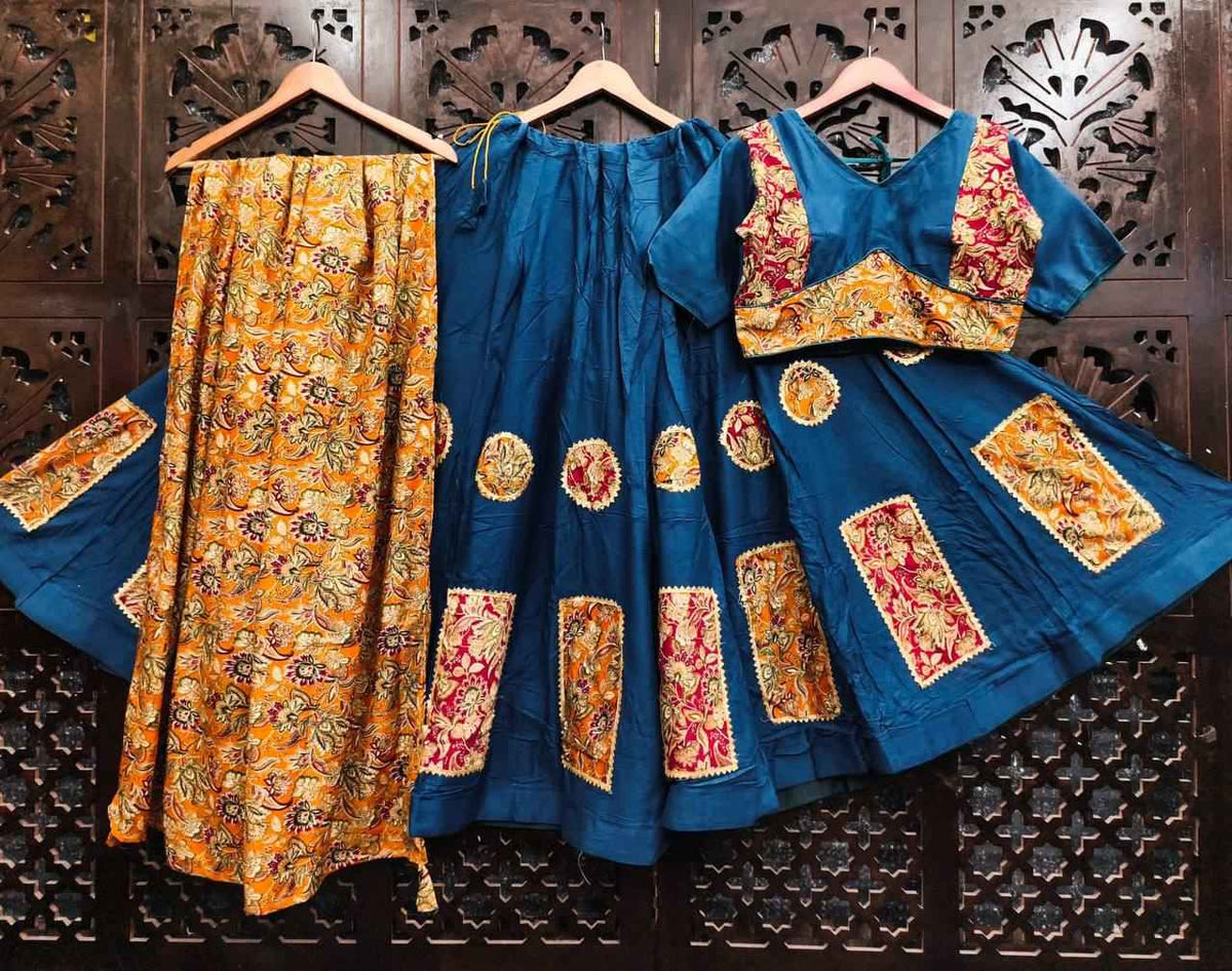Blue Pure Rayon Cotton Multi Print Patch Work Navratri Lehenga Choli