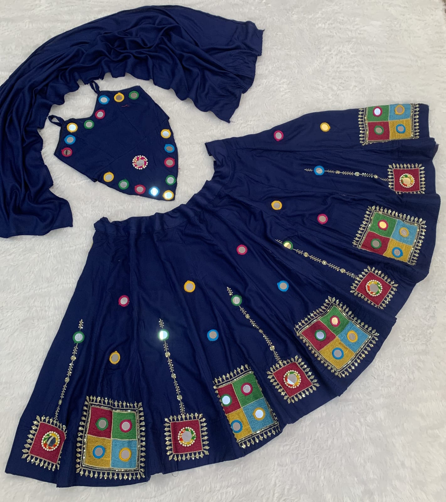 Navy Blue Pure Reyon Cotton Embroidery Thread & Mirror Work Kid&
