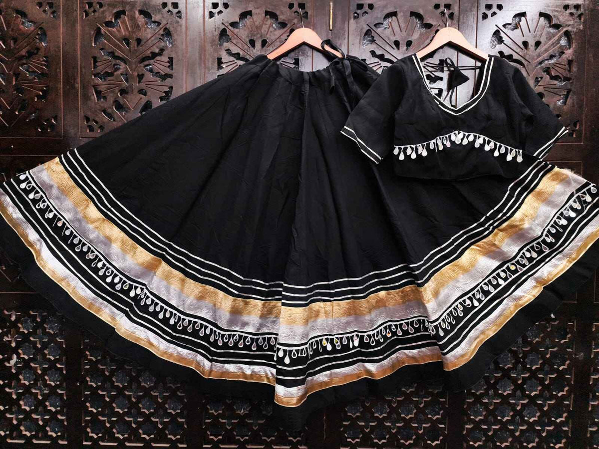 Black Pure Roman Silk Multi Thread Gotta Patti Mirror Work Navratri Lehenga Choli