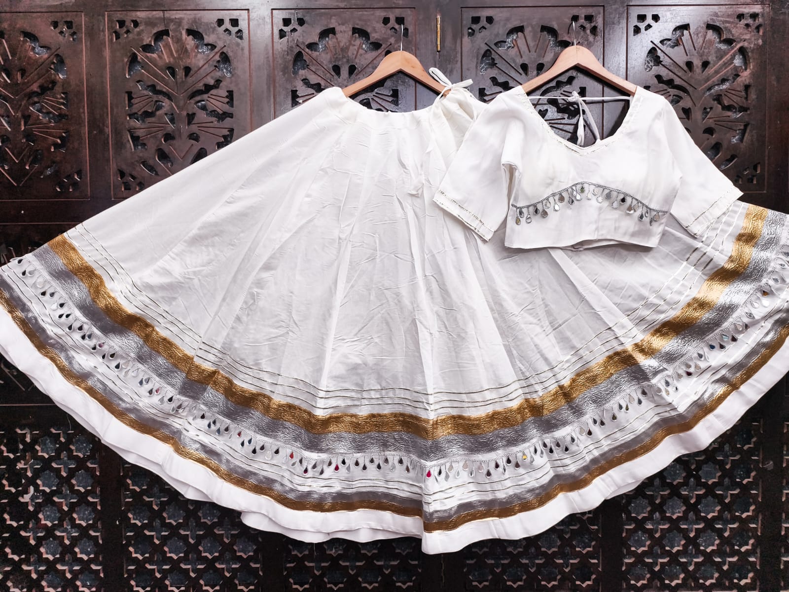 White Pure Roman Silk Multi Thread Gotta Patti Mirror Work Navratri Lehenga Choli