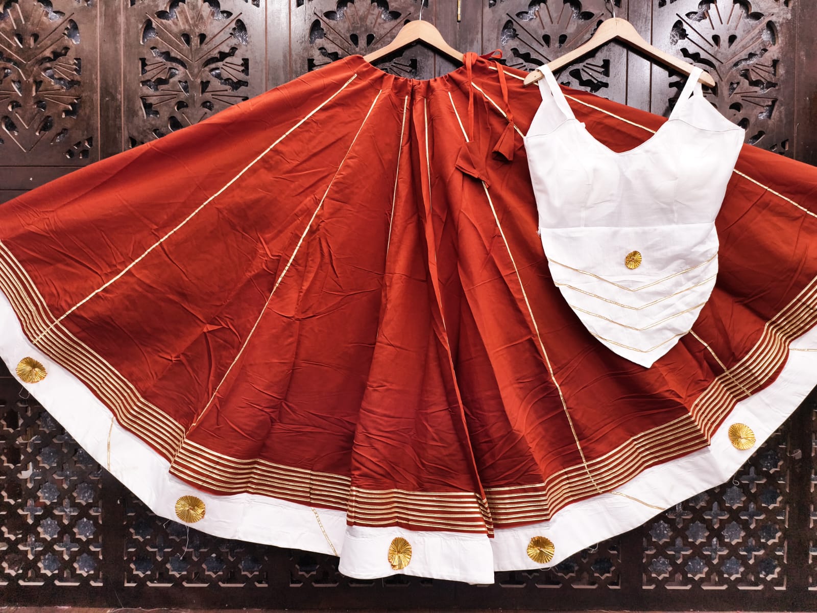 Rust Pure Roman Silk 09 Mtr Flair Double Border Work Navratri Lehenga Choli