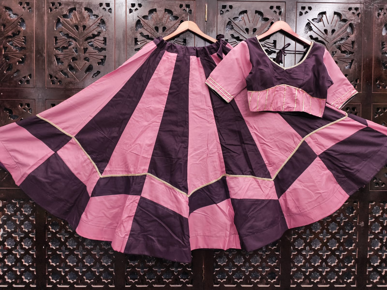Pink Pure Roman Silk 06 Mtr Flair Double Colour Shade Navratri Lehenga Choli