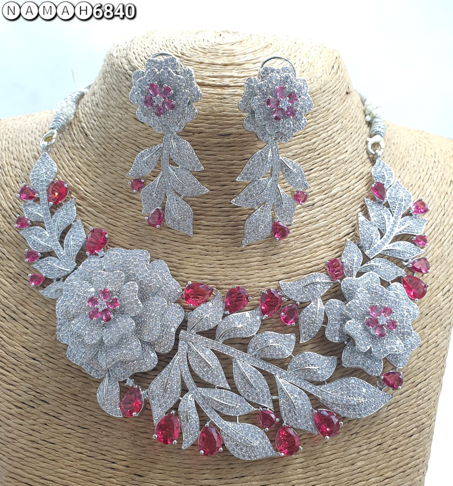 Red American Diamond Necklace Jewellery Set