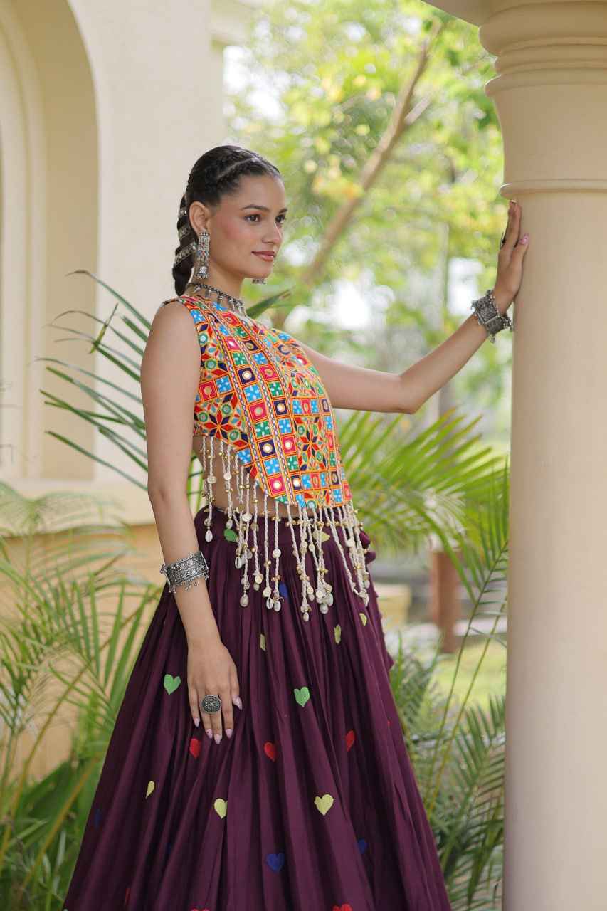 Wine Pure Kora Cotton Multi Thread Gotta Patti Mirror Work Navratri Lehenga Choli