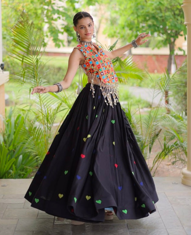 Black Pure Kora Cotton Multi Thread Gotta Patti Mirror Work Navratri Lehenga Choli