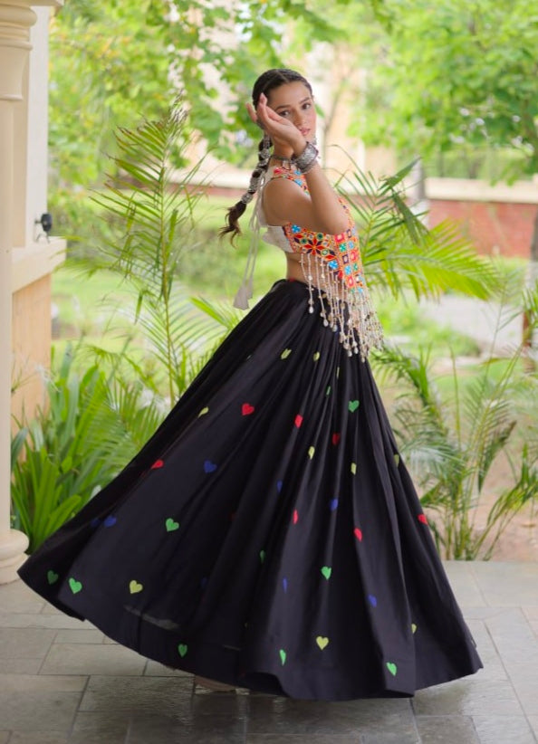 Black Pure Kora Cotton Multi Thread Gotta Patti Mirror Work Navratri Lehenga Choli