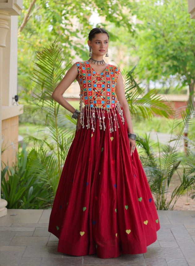 Red Pure Kora Cotton Multi Thread Gotta Patti Mirror Work Navratri Lehenga Choli