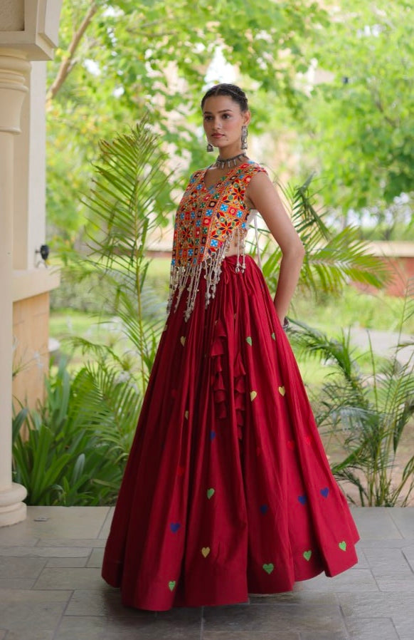 Red Pure Kora Cotton Multi Thread Gotta Patti Mirror Work Navratri Lehenga Choli