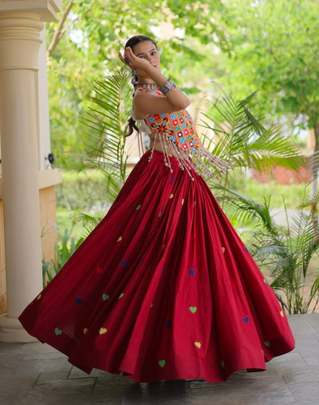 Red Pure Kora Cotton Multi Thread Gotta Patti Mirror Work Navratri Lehenga Choli