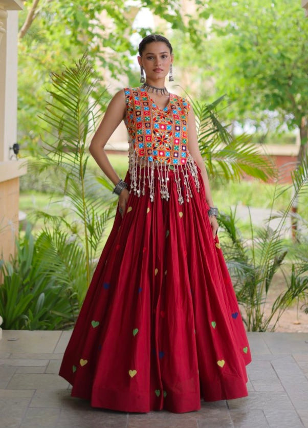 Red Pure Kora Cotton Multi Thread Gotta Patti Mirror Work Navratri Lehenga Choli