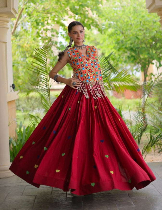 Red Pure Kora Cotton Multi Thread Gotta Patti Mirror Work Navratri Lehenga Choli