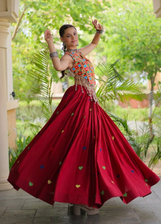Red Pure Kora Cotton Multi Thread Gotta Patti Mirror Work Navratri Lehenga Choli