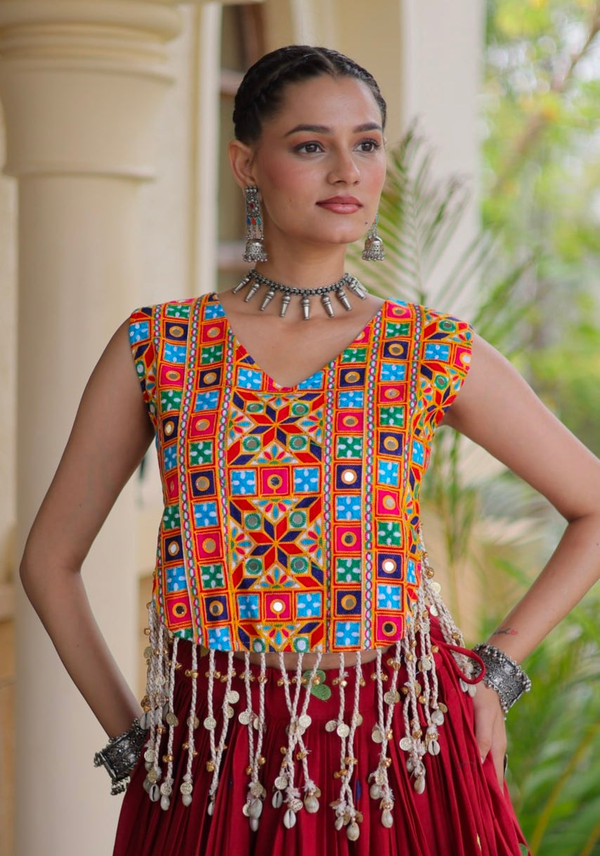 Red Pure Kora Cotton Multi Thread Gotta Patti Mirror Work Navratri Lehenga Choli