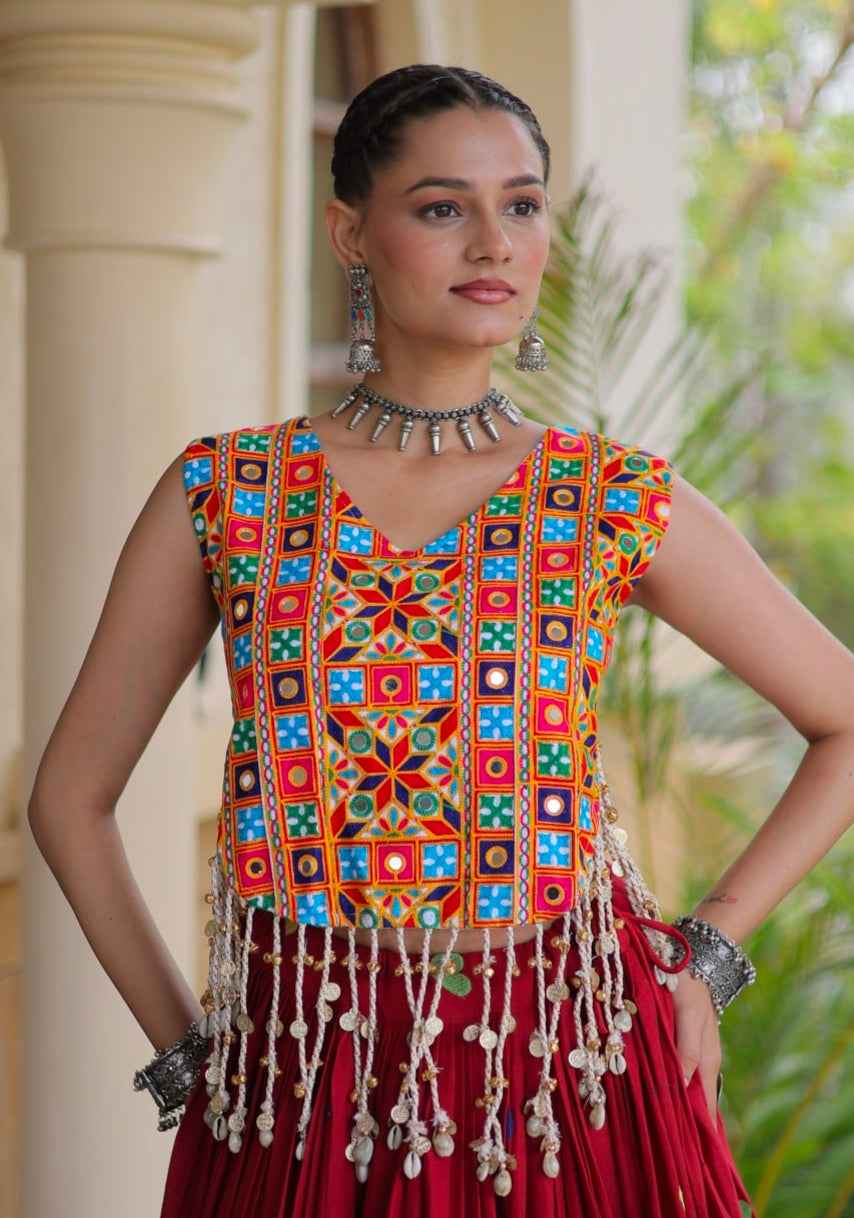Red Pure Kora Cotton Multi Thread Gotta Patti Mirror Work Navratri Lehenga Choli