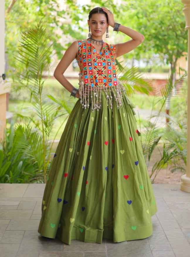Green Pure Kora Cotton Multi Thread Gotta Patti Mirror Work Navratri Lehenga Choli