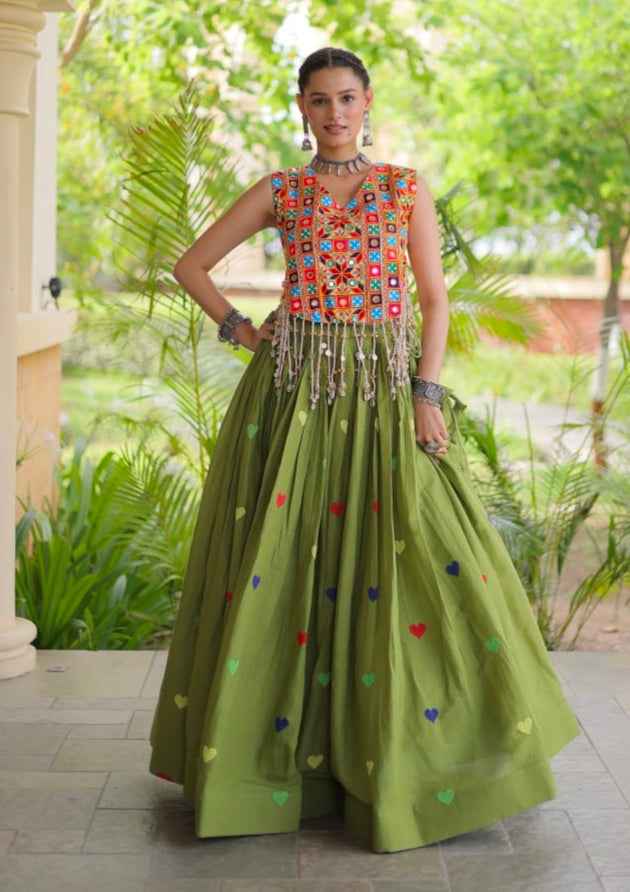 Green Pure Kora Cotton Multi Thread Gotta Patti Mirror Work Navratri Lehenga Choli