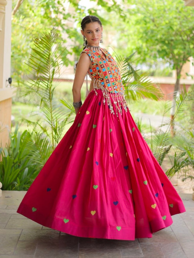 Pink Pure Kora Cotton Multi Thread Gotta Patti Mirror Work Navratri Lehenga Choli