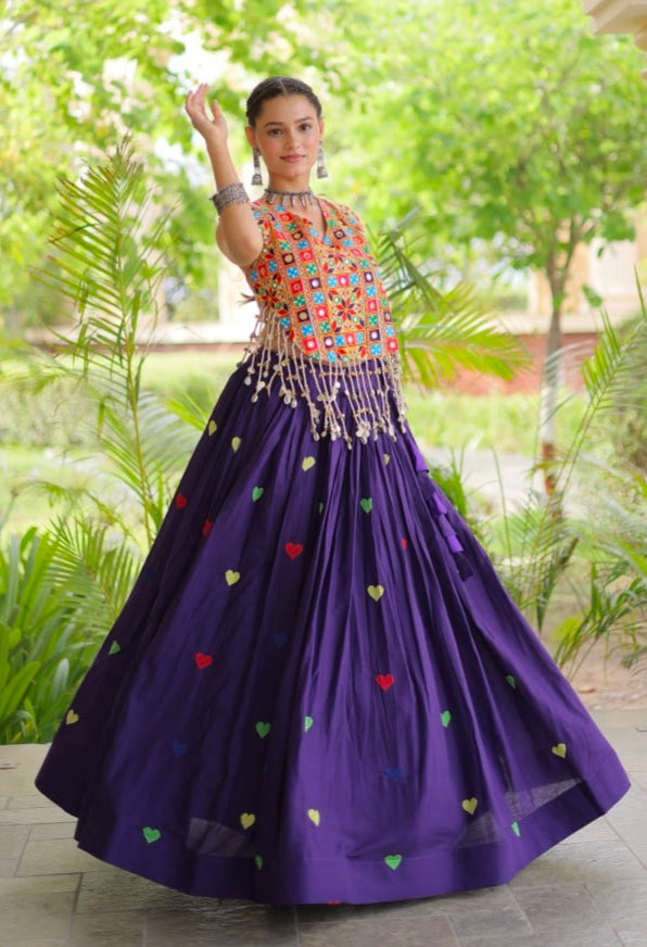 Purple Pure Kora Cotton Multi Thread Gotta Patti Mirror Work Navratri Lehenga Choli