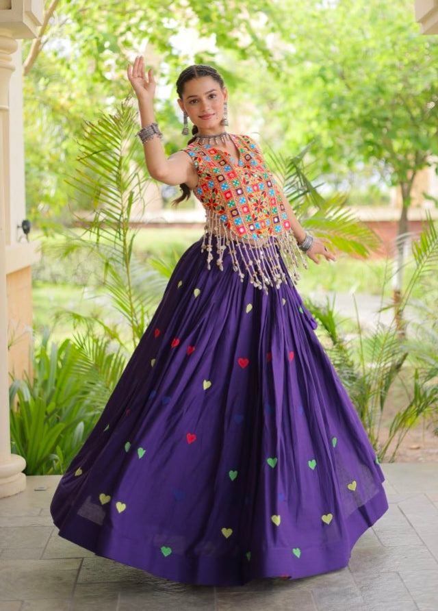 Purple Pure Kora Cotton Multi Thread Gotta Patti Mirror Work Navratri Lehenga Choli