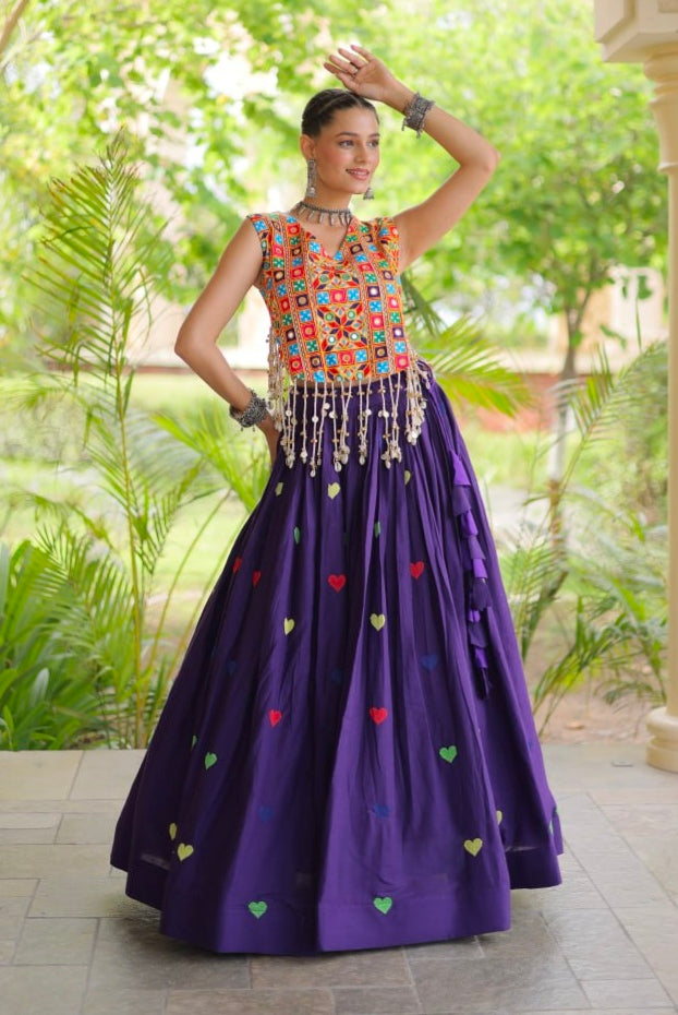 Purple Pure Kora Cotton Multi Thread Gotta Patti Mirror Work Navratri Lehenga Choli