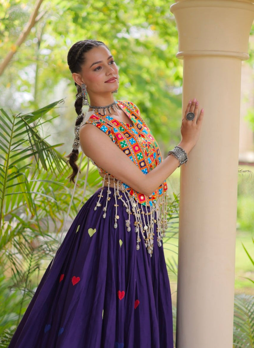 Purple Pure Kora Cotton Multi Thread Gotta Patti Mirror Work Navratri Lehenga Choli