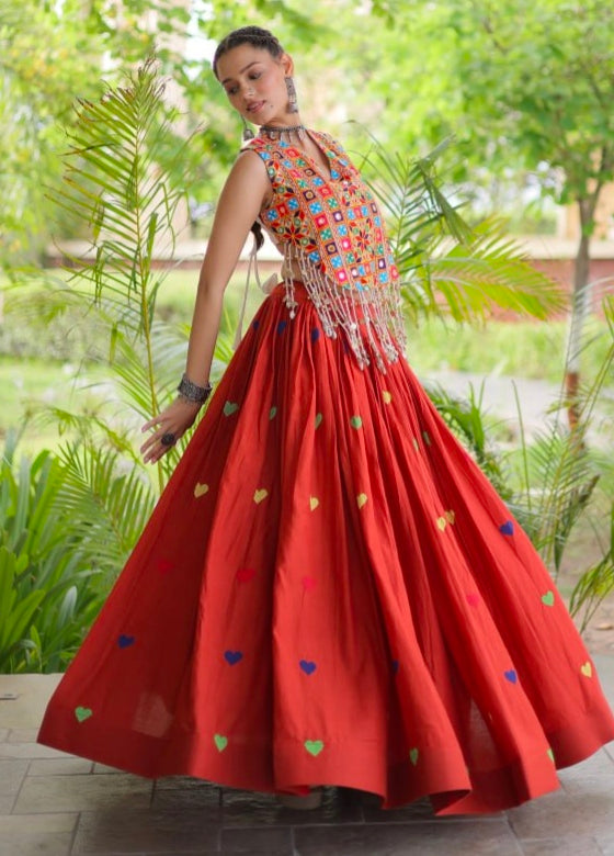 Rust Pure Kora Cotton Multi Thread Gotta Patti Mirror Work Navratri Lehenga Choli