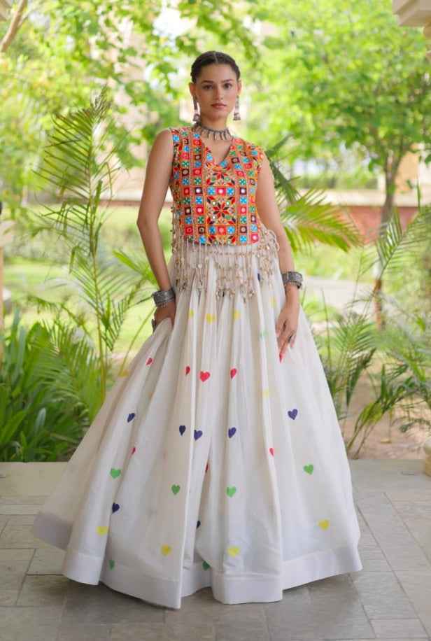 White Pure Kora Cotton Multi Thread Gotta Patti Mirror Work Navratri Lehenga Choli