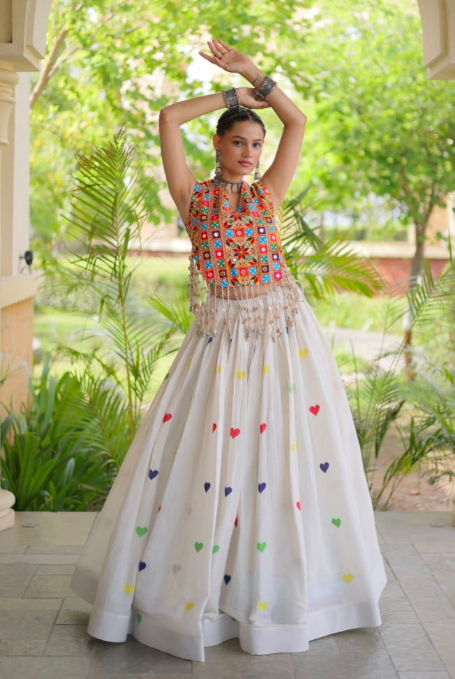 White Pure Kora Cotton Multi Thread Gotta Patti Mirror Work Navratri Lehenga Choli