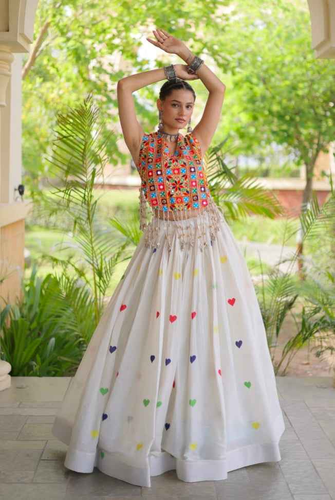 White Pure Kora Cotton Multi Thread Gotta Patti Mirror Work Navratri Lehenga Choli