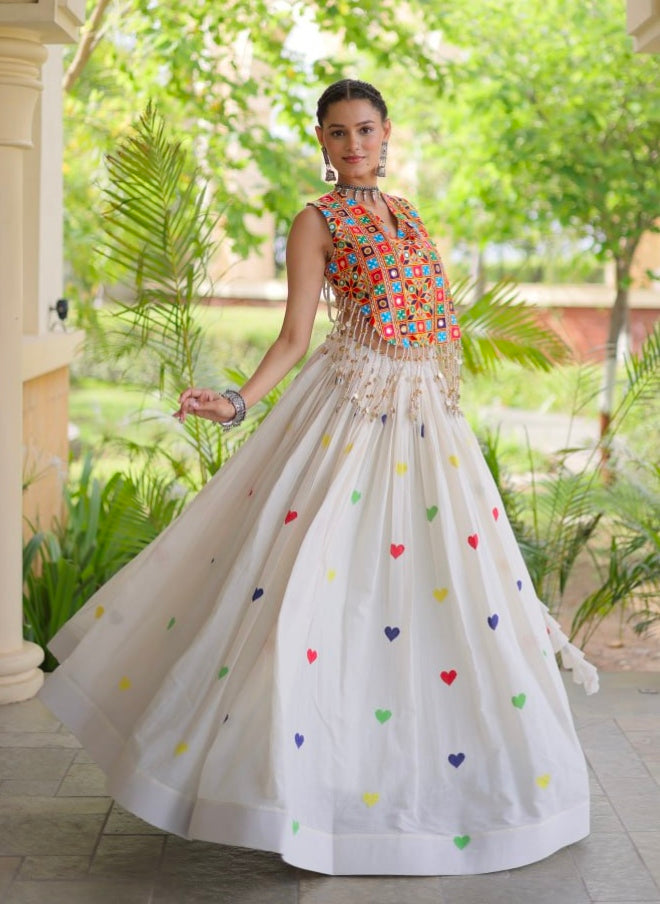White Pure Kora Cotton Multi Thread Gotta Patti Mirror Work Navratri Lehenga Choli