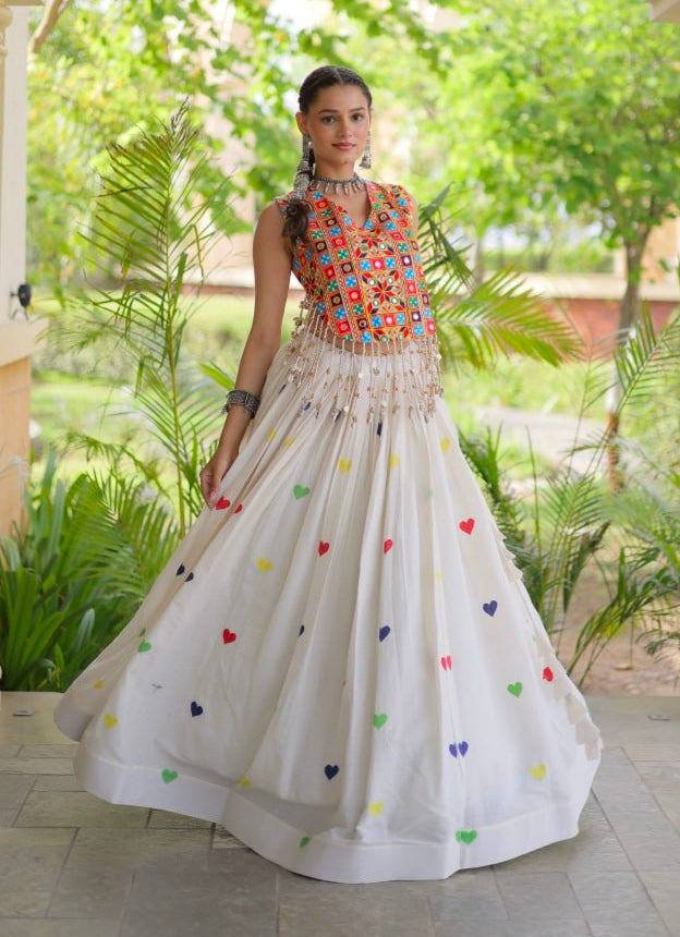 White Pure Kora Cotton Multi Thread Gotta Patti Mirror Work Navratri Lehenga Choli