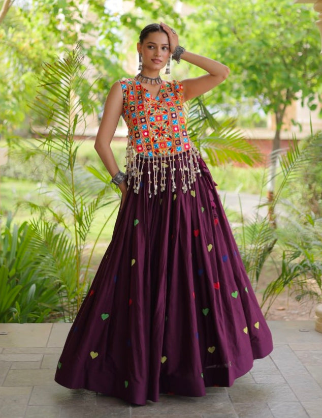 Wine Pure Kora Cotton Multi Thread Gotta Patti Mirror Work Navratri Lehenga Choli