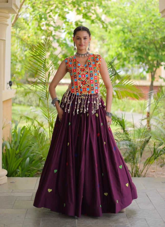 Wine Pure Kora Cotton Multi Thread Gotta Patti Mirror Work Navratri Lehenga Choli