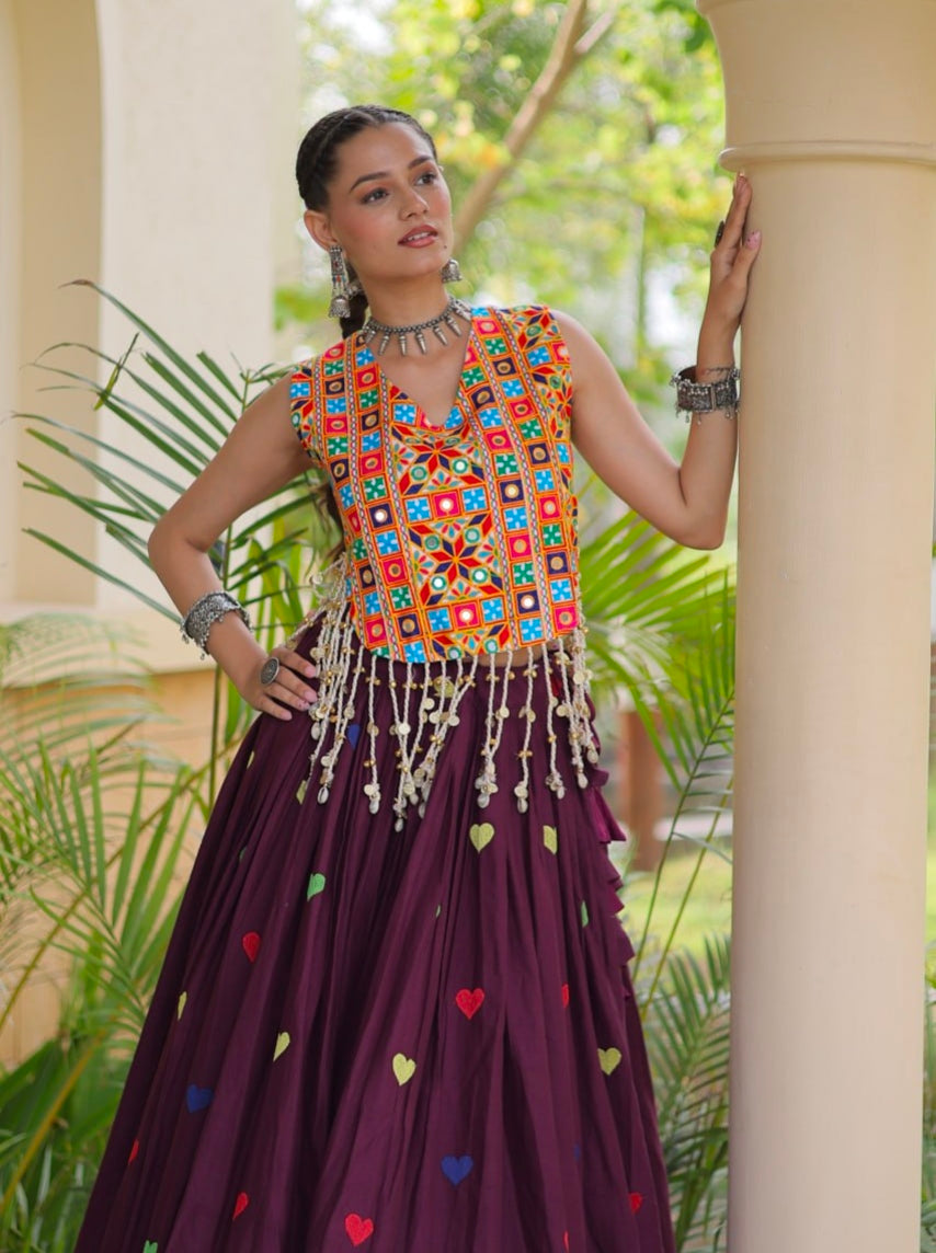 Wine Pure Kora Cotton Multi Thread Gotta Patti Mirror Work Navratri Lehenga Choli