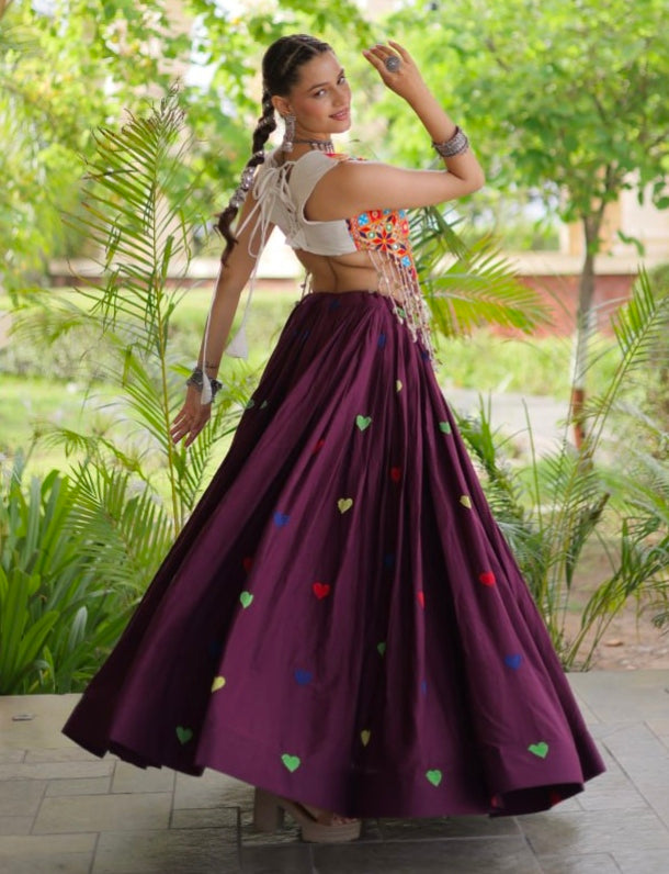 Wine Pure Kora Cotton Multi Thread Gotta Patti Mirror Work Navratri Lehenga Choli