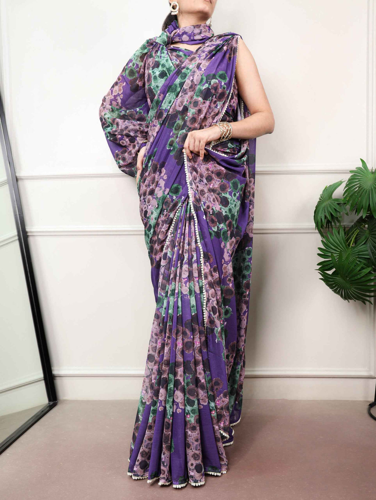 Purple Pure Weightless Marbal With Floral Print Weightless Saree