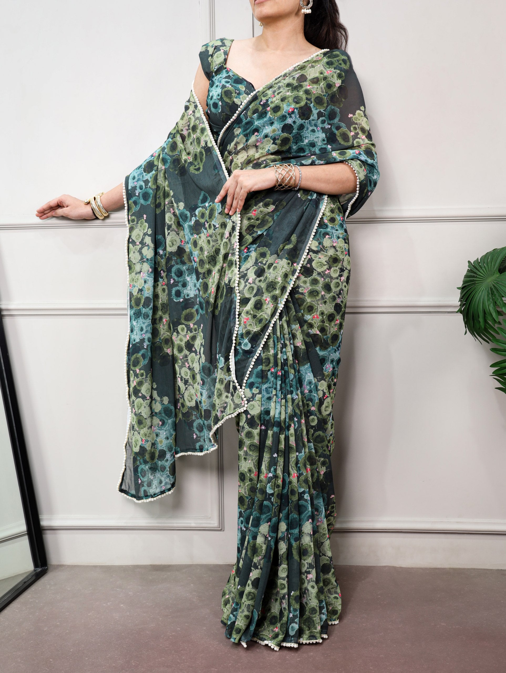Green Pure Weightless Marbal With Floral Print Weightless Saree