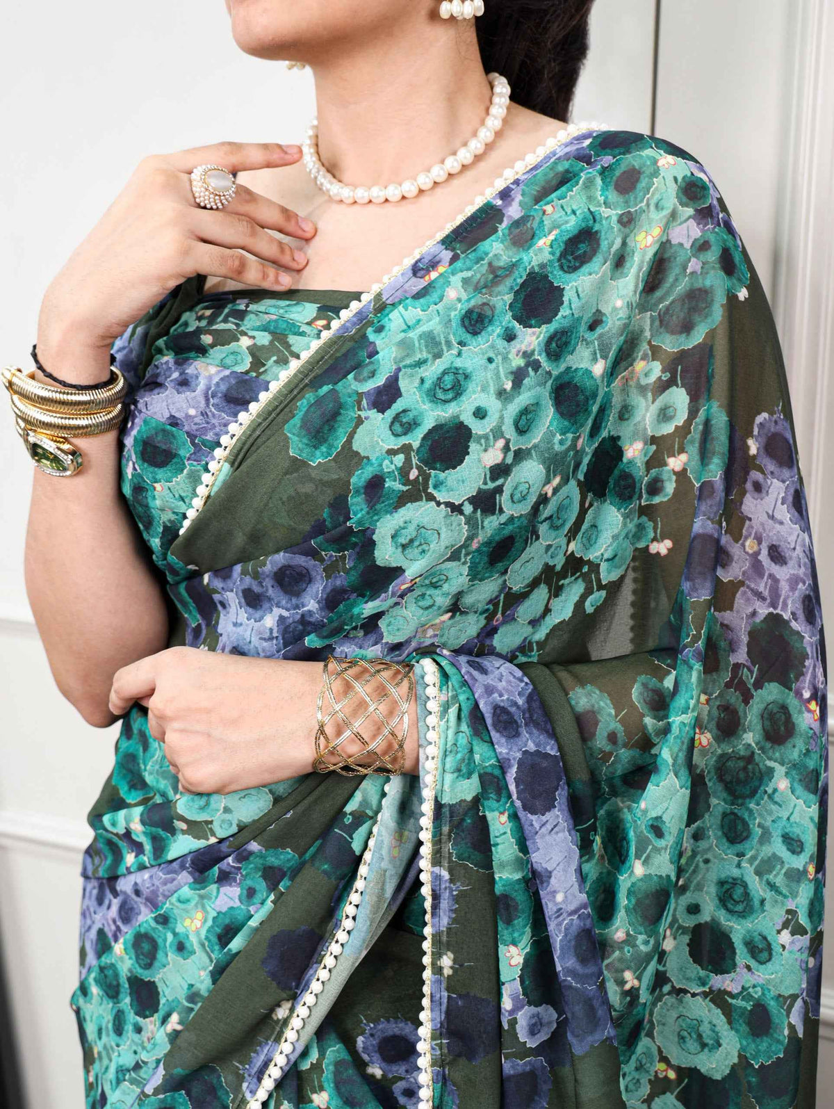Green Pure Weightless Marbal With Floral Print Weightless Saree