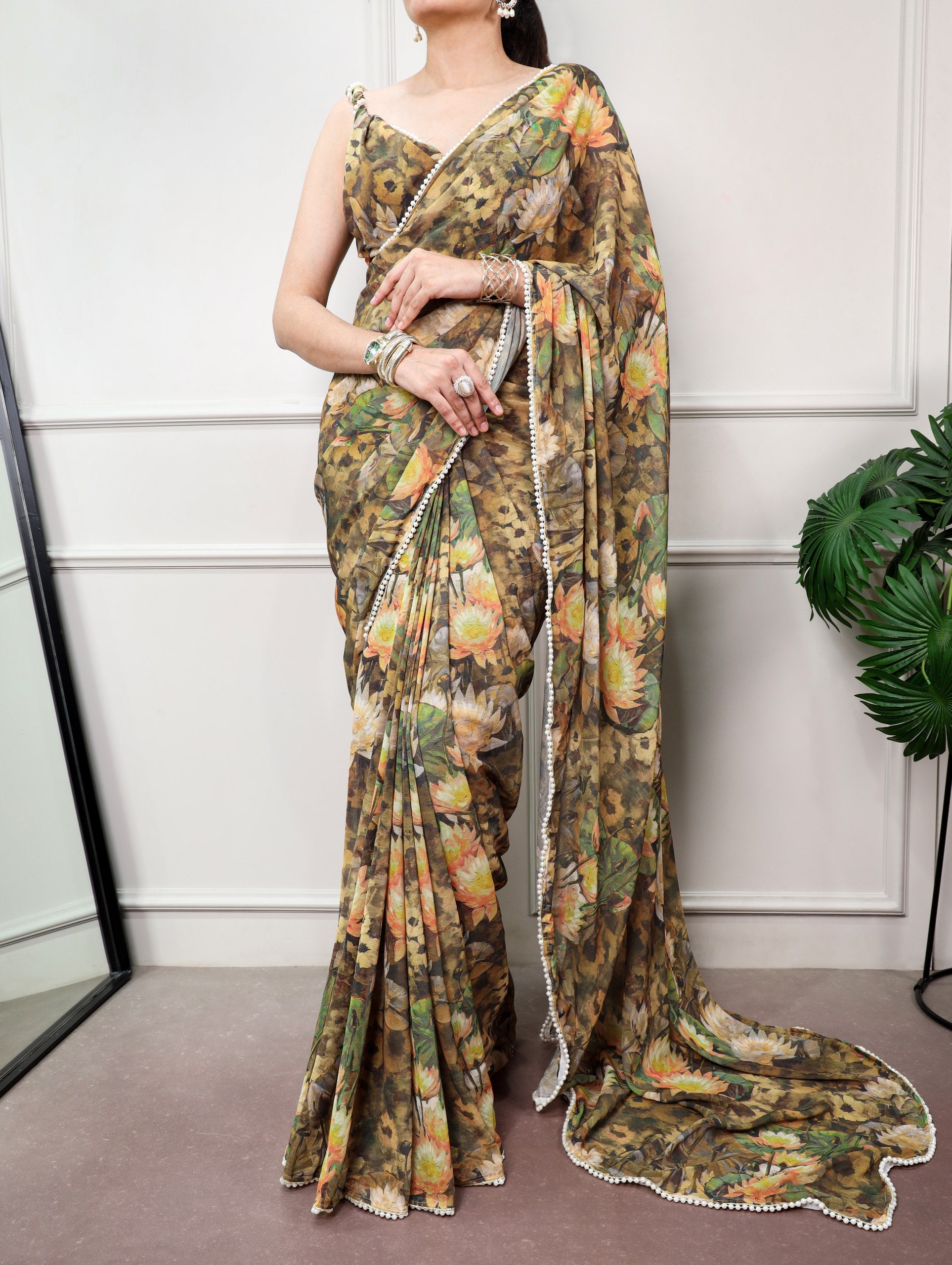 Mehandi Pure Weightless Marbal With Floral Print Weightless Saree
