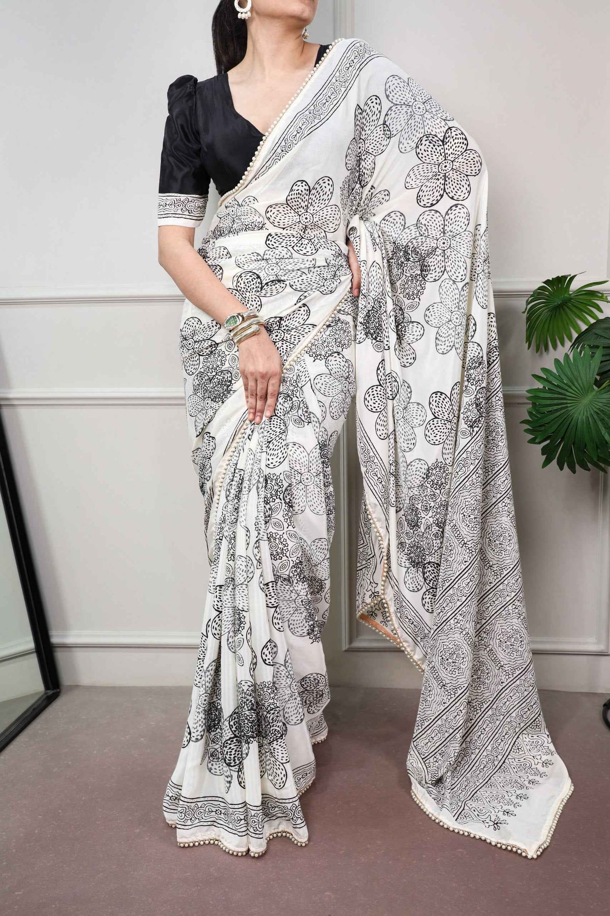 Black Pure Soft Satin Silk Printed Saree