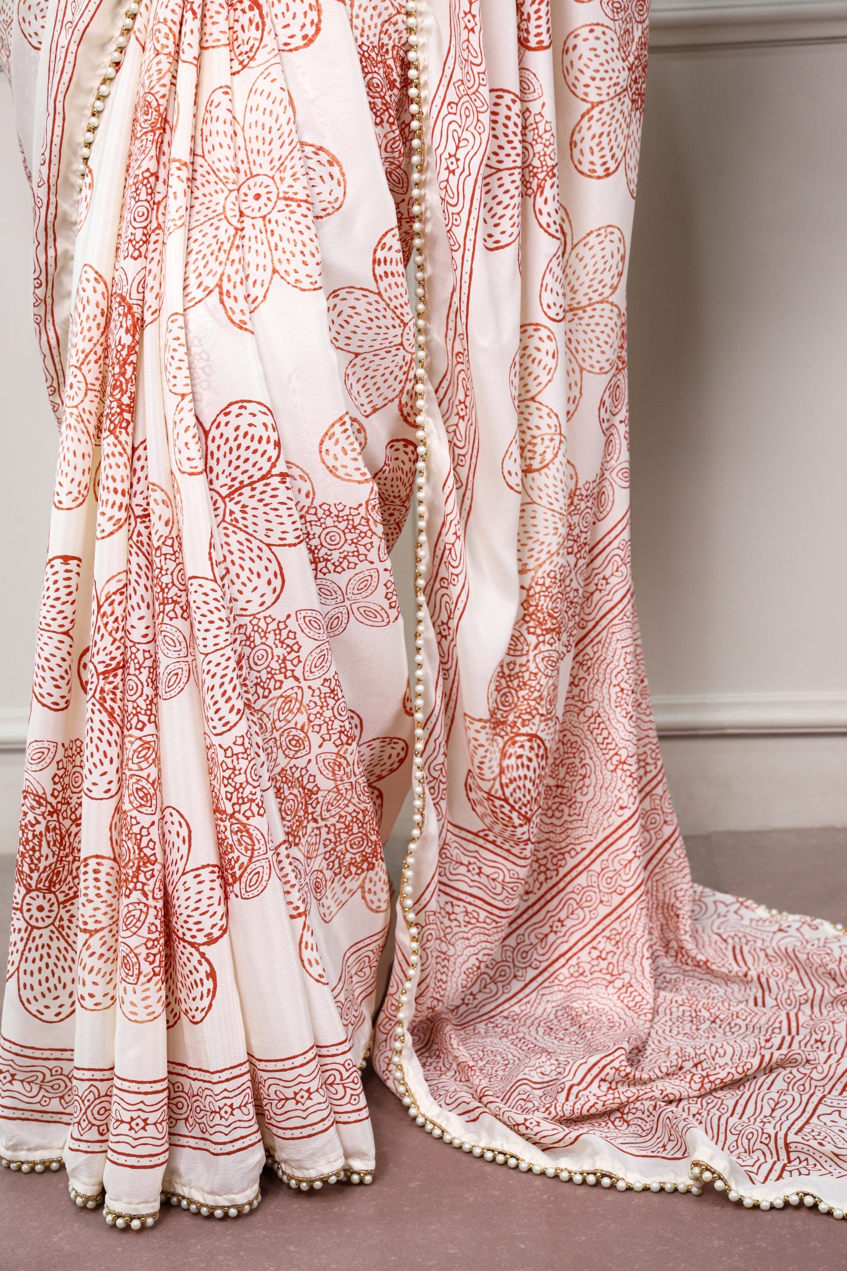 Peach Pure Soft Satin Silk Printed Saree